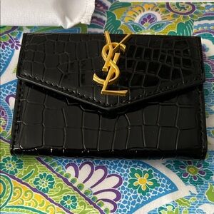 Yves Saint Laurent Black Croc-Embossed Card Holder with Gold Logo